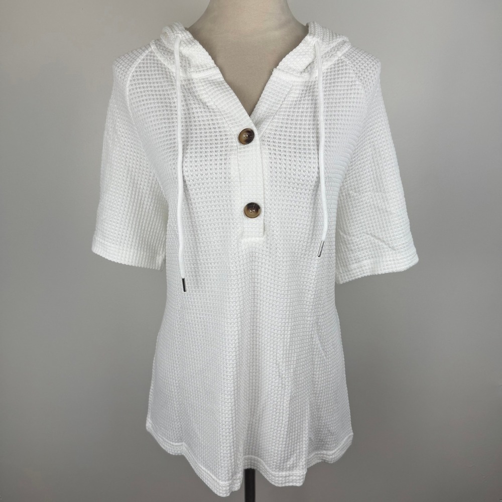 NWT Dokotoo Womens White Waffle Knit Short Sleeve Henley Hoodie Top Size Large